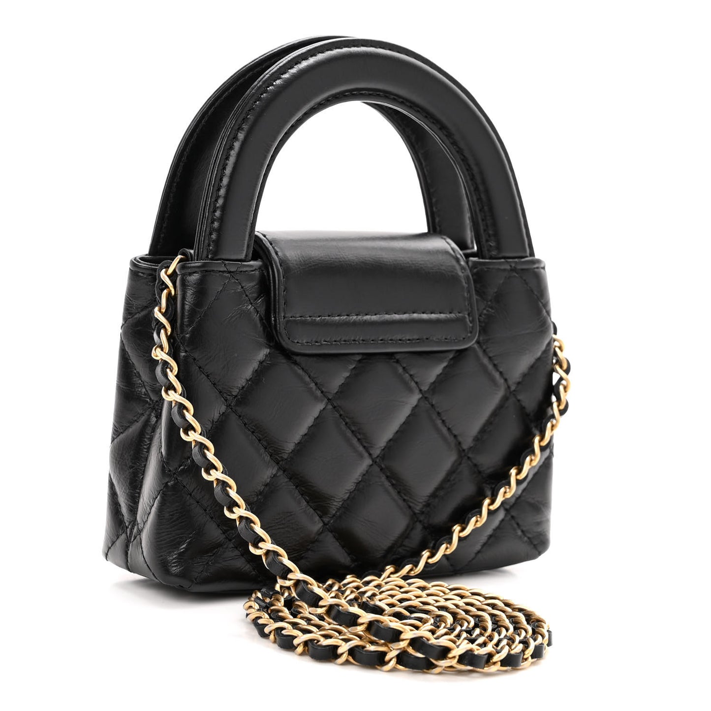 Shiny Aged Calfskin Quilted Mini Nano Kelly Shopper Black