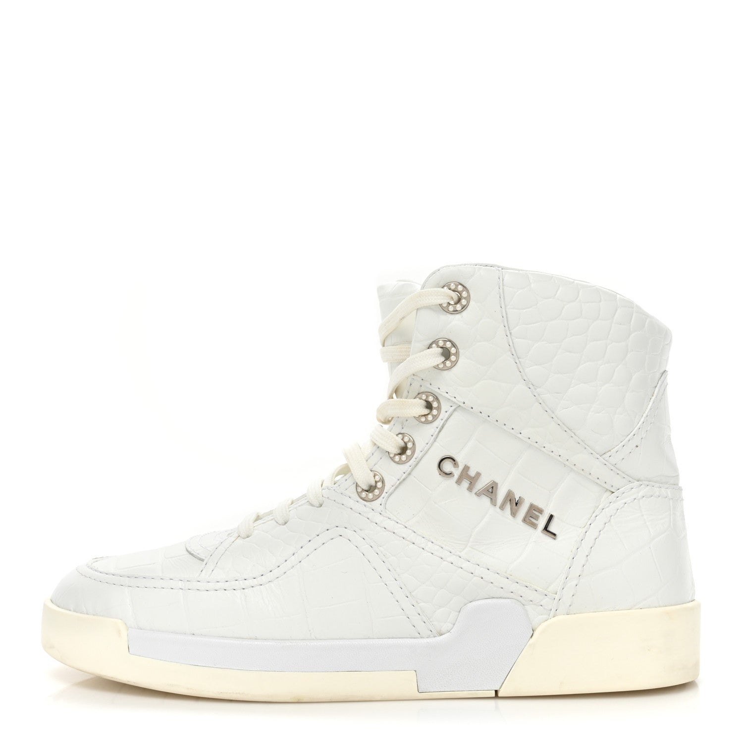 Chanel Calfskin Crocodile Embossed Cocodile High Top Sneakers 39.5 White 1 of 13