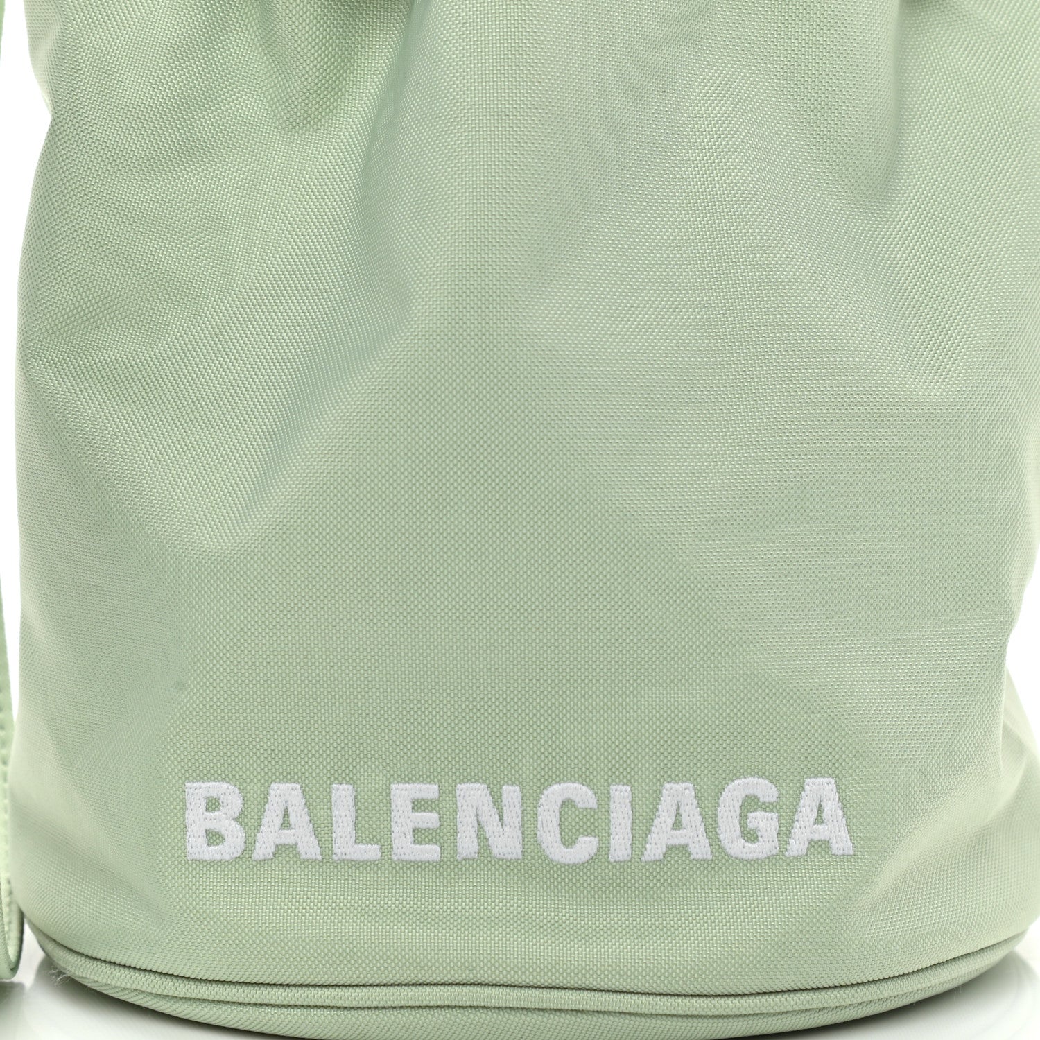 Balenciaga Recycled Sport Nylon Logo Embroidered Wheel Drawstring Bucket Bag Light Green White 8 of 11