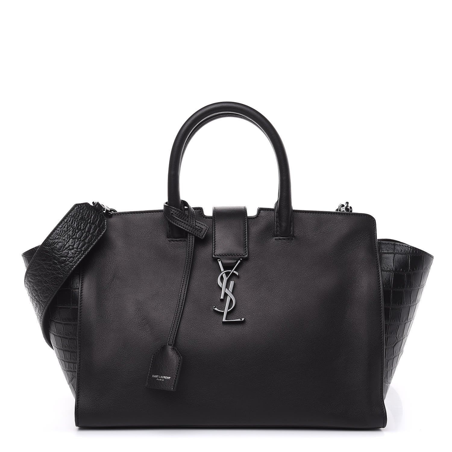 Saint Laurent Smooth Calfskin Crocodile Embossed Small Monogram Downtown Cabas Black 1 of 12