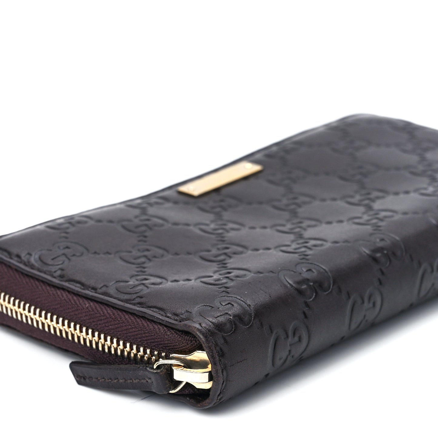 Guccissima Margaux Calfskin Metal Bar Zip Around Wallet Chocolate