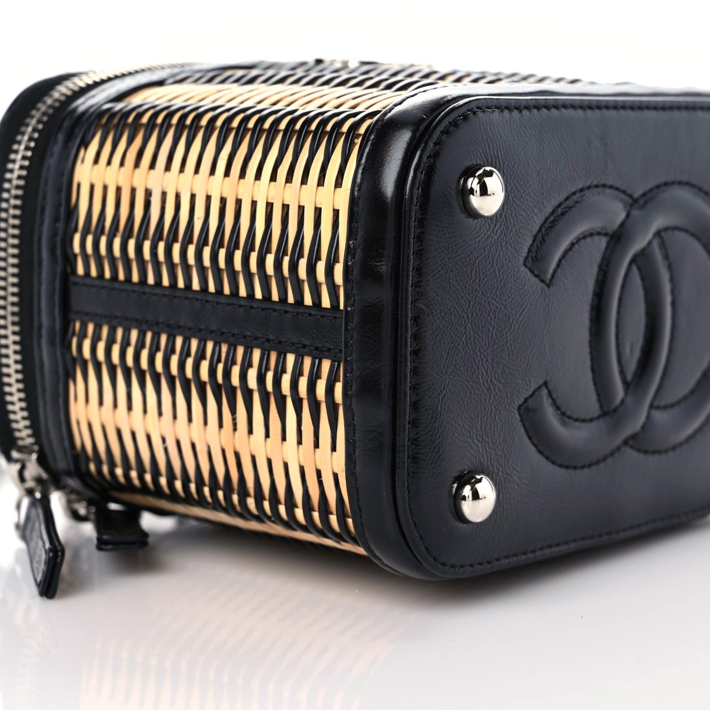 Calfskin Raffia Small Vanity Case Bag Black Beige