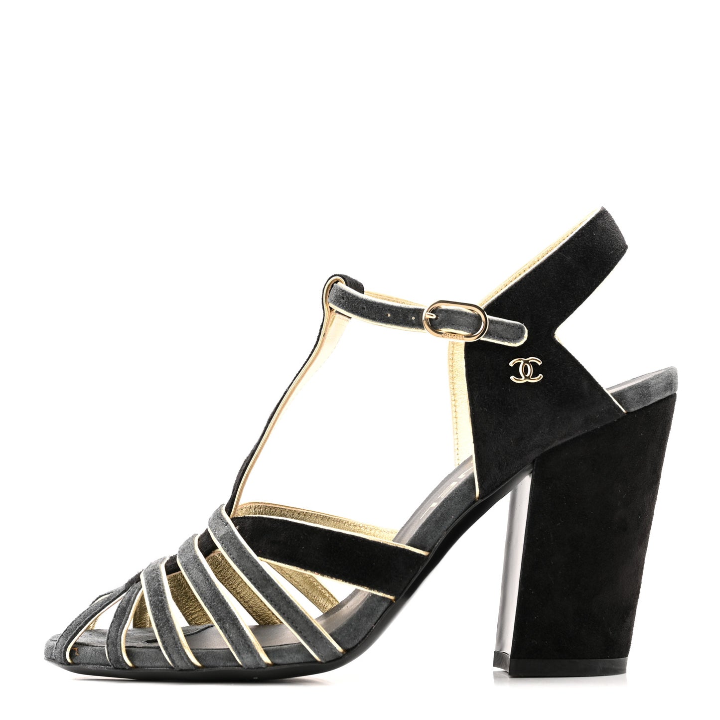 Suede Calfskin Peep Toe Ankle Strap Pumps 37 Black Grey