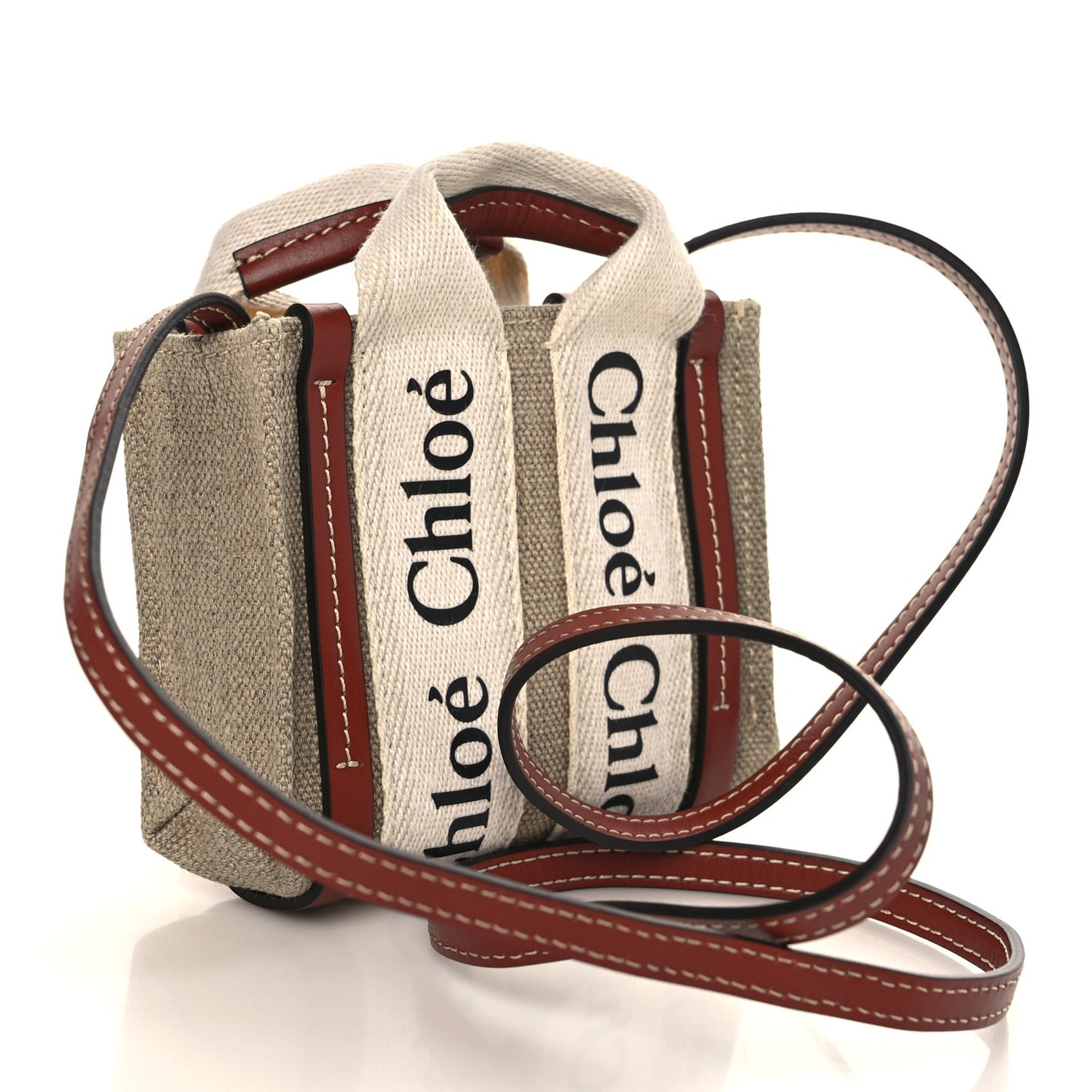 Cotton Calfskin Nano Woody Ribbon Tote With Strap White Brown