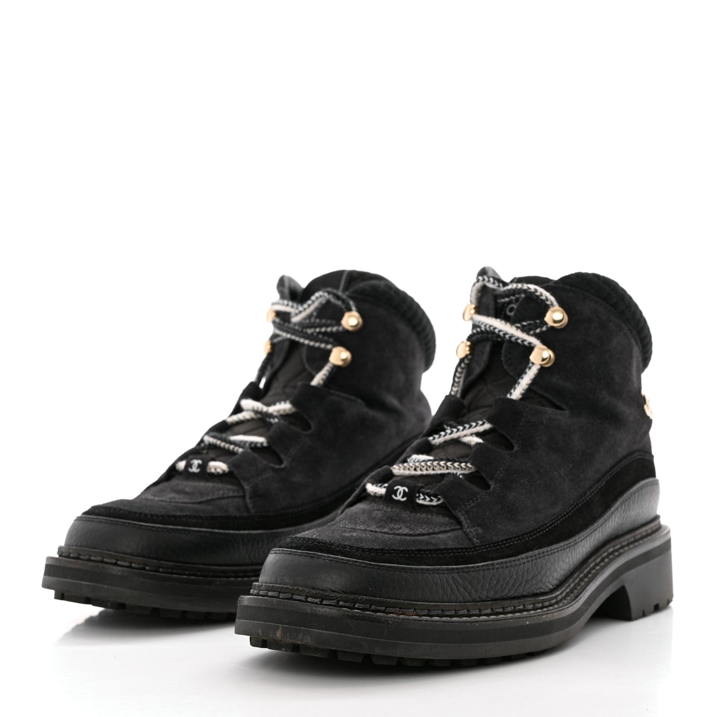 Suede Grained Calfskin CC Lace Up Boots 41 Black