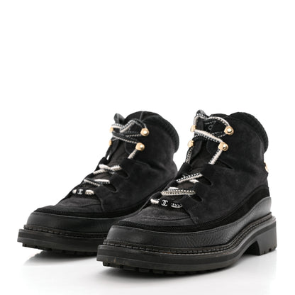 Chanel Suede Grained Calfskin CC Lace Up Boots 41 Black 3 of 12