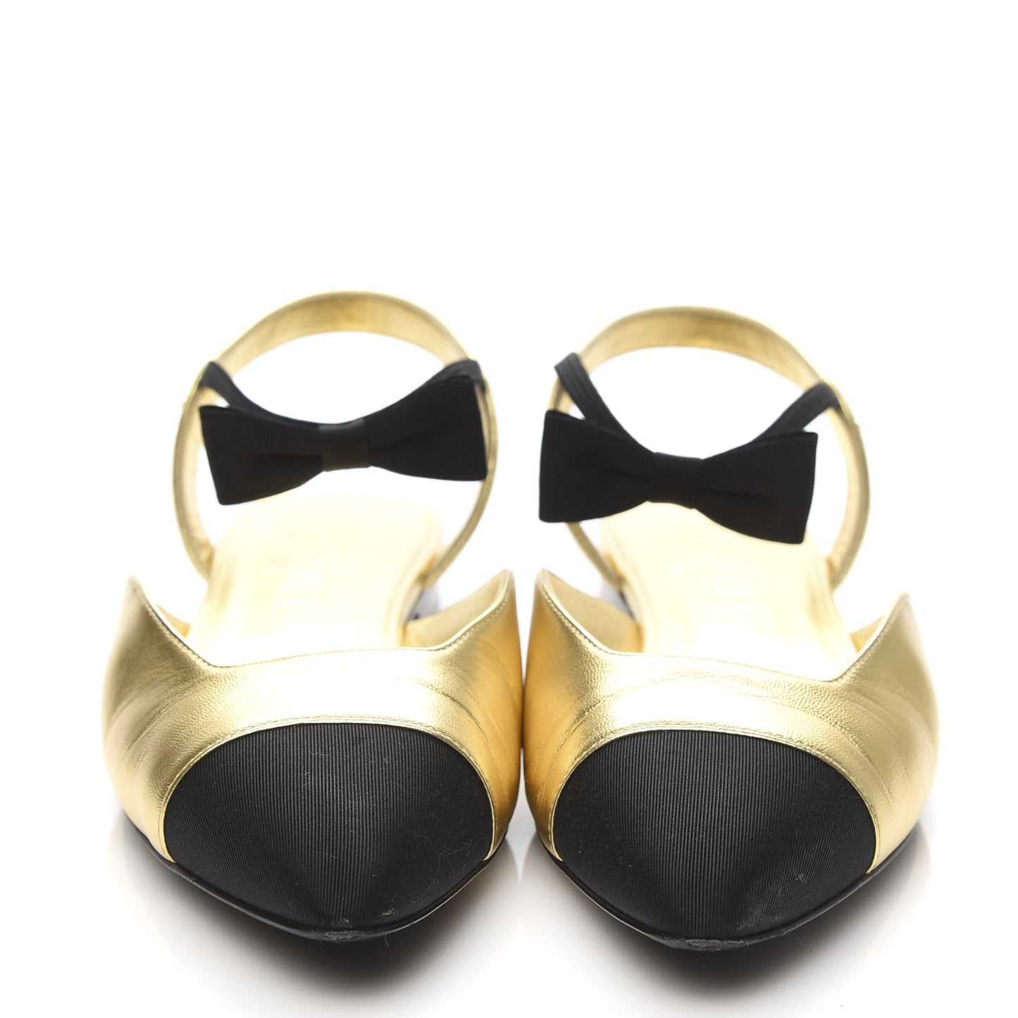 Laminated Lambskin Grosgrain Cap Toe Bow Flats 38.5 Gold Black