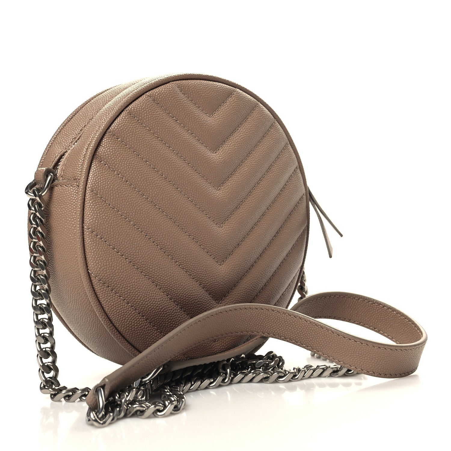 Saint Laurent Grain De Poudre Matelasse Chevron Quilted Round Vinyle Camera Bag Dark Beige 3 of 11