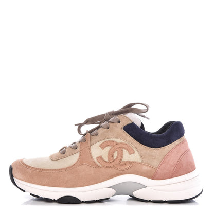 Chanel Suede Calfskin CC Sneakers 37.5 Beige Pink 1 of 10