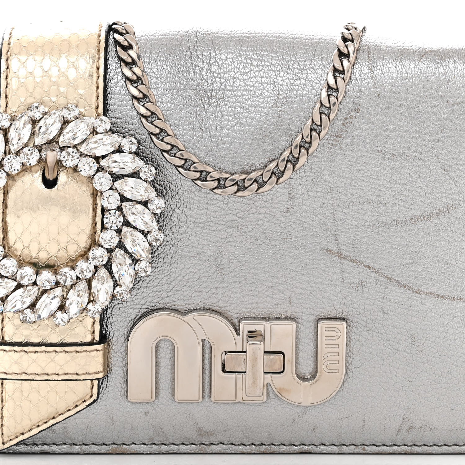 Miu Miu Metallic Goatskin Madras Ayers Crystal Embellished Shoulder Bag Cromo Pirite 7 of 11