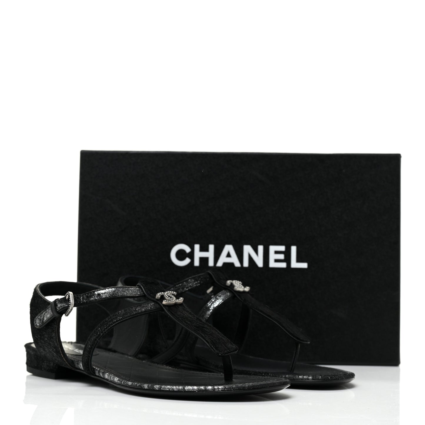 Metallic Calfskin Pony Hair CC Sandals 37 Black