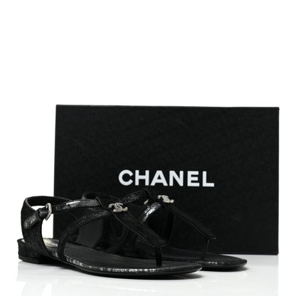 Chanel Metallic Calfskin Pony Hair CC Sandals 37 Black 9 of 9