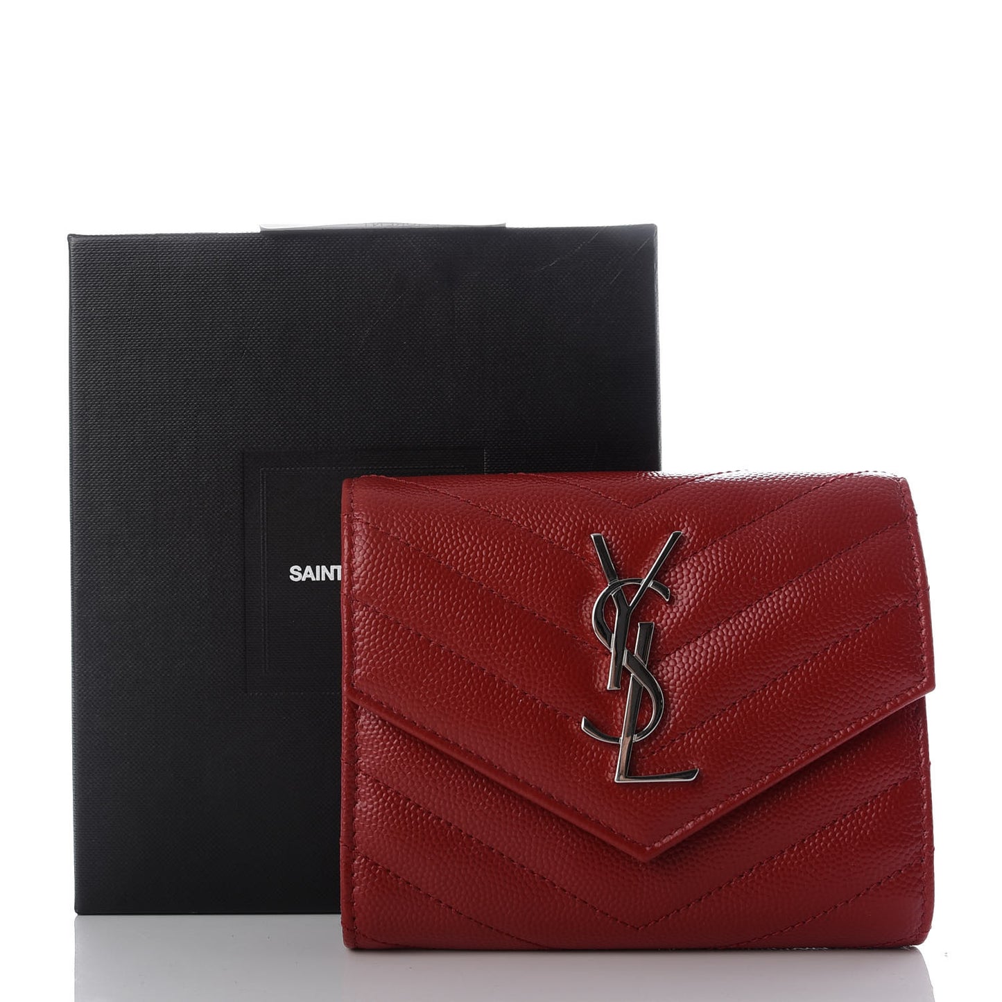 Grain De Poudre Matelasse Chevron Monogram Compact Tri Fold Wallet Red