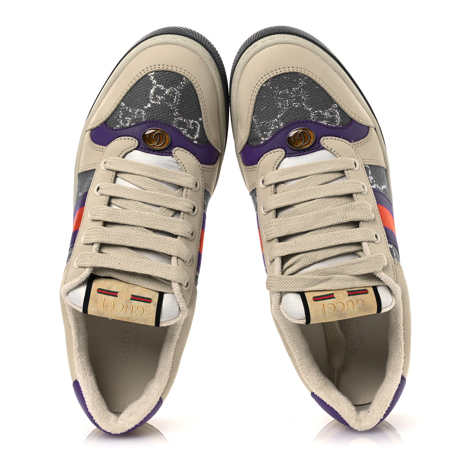 Gucci Calfskin Lame GG Monogram Web Womens Screener Sneakers 39.5 Blue Silver Dusty Milk Shine Purple 2 of 11