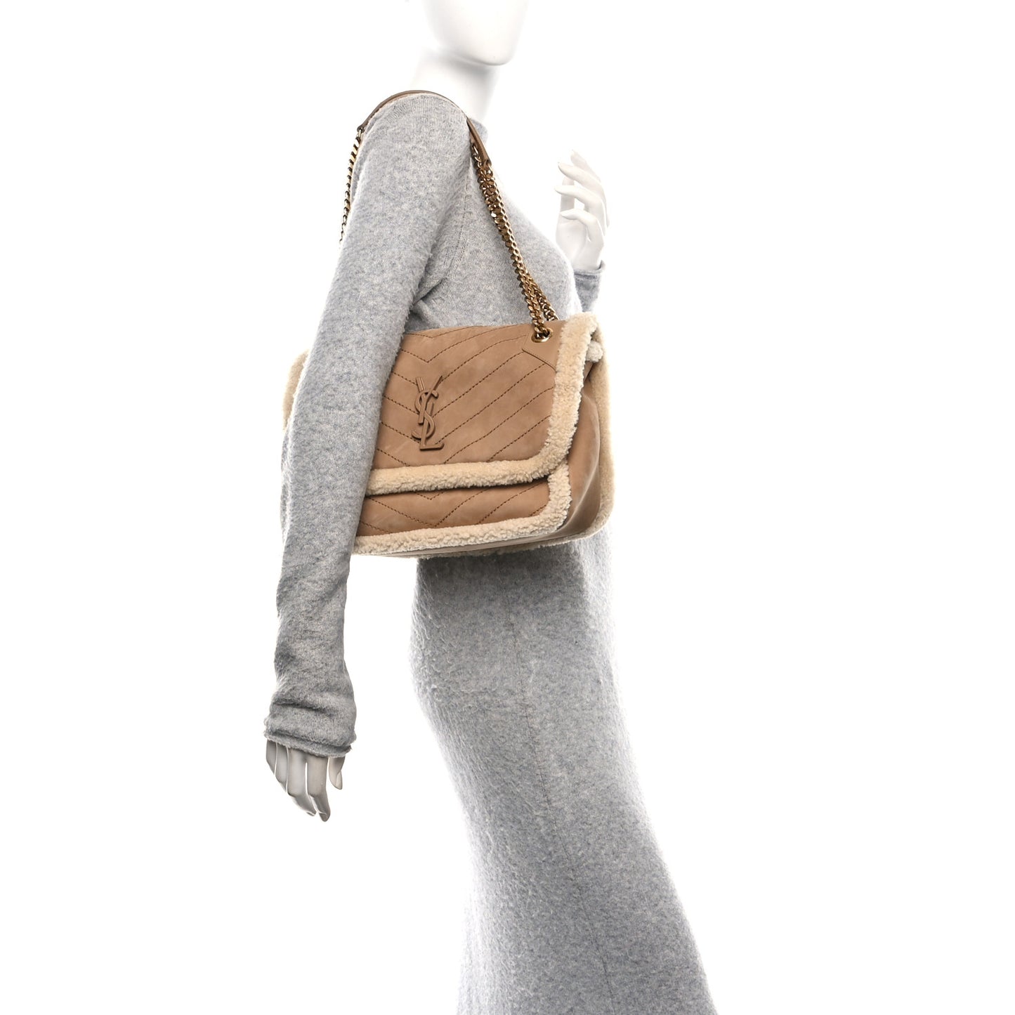 Nubuck Shearling Monogram Medium Niki Chain Satchel Ivory Natural Tan