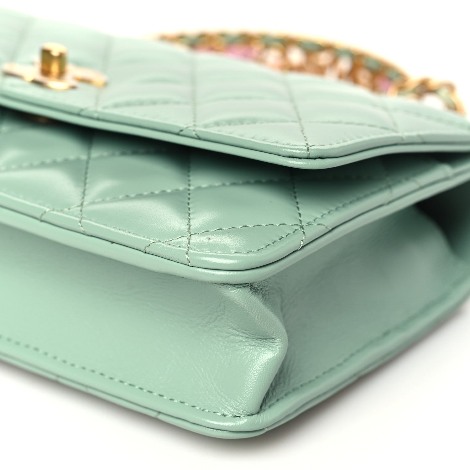 Chanel Shiny Calfskin Quilted Metal Top Handle Wallet On Chain WOC Light Green 11 of 11