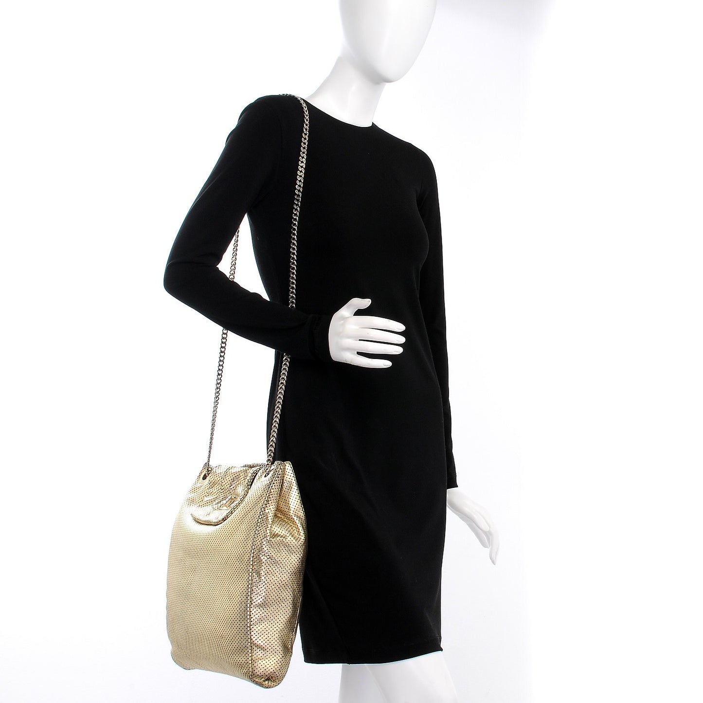 Metallic Crackled Calfskin Perforated Drill Shoulder Bag Gold