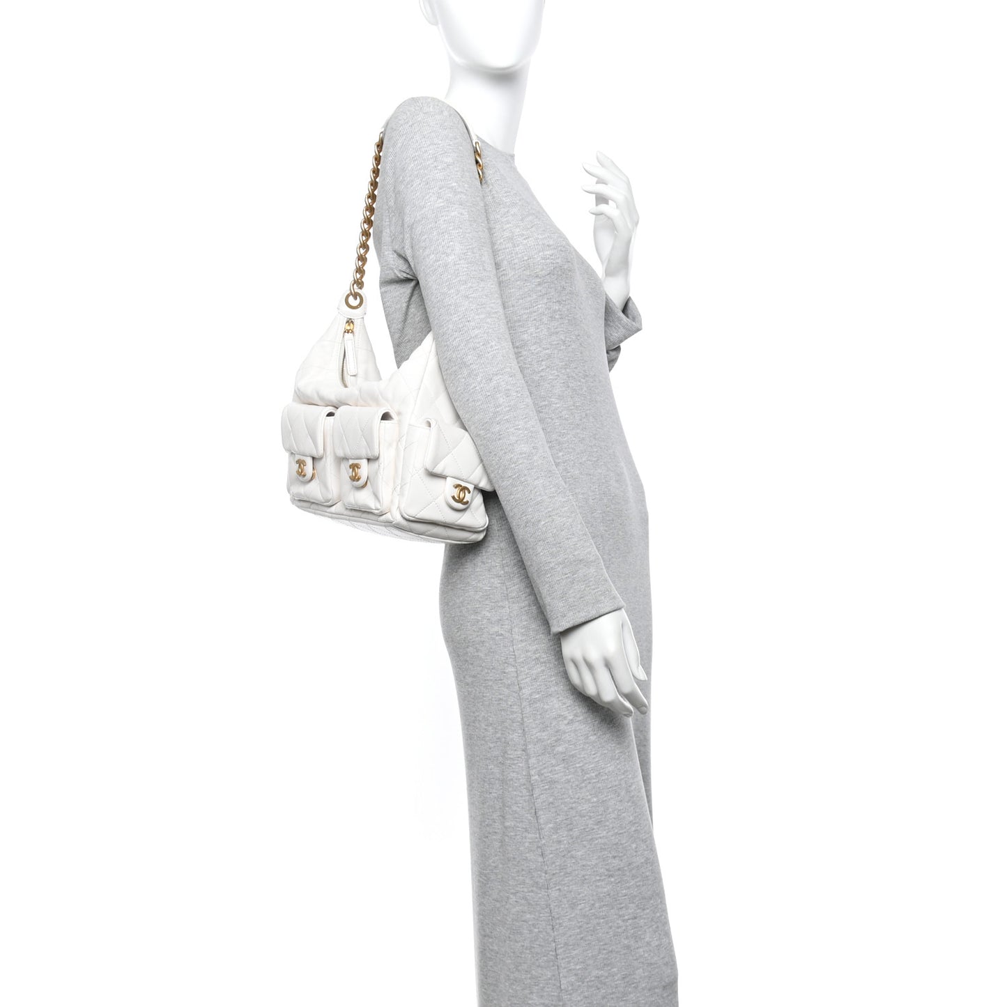 Shiny Lambskin Quilted Trendy Pockets Hobo White