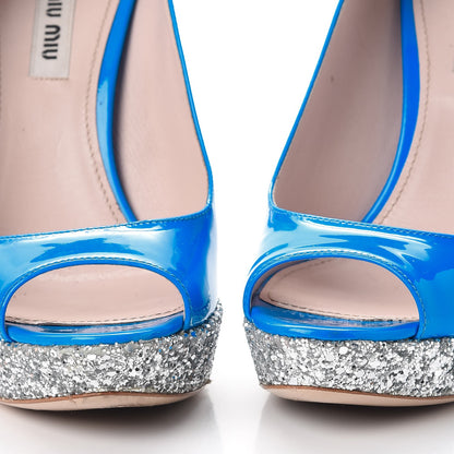 Miu Miu Patent Glitter Peep Toe Pumps 38 Blue 15 of 16