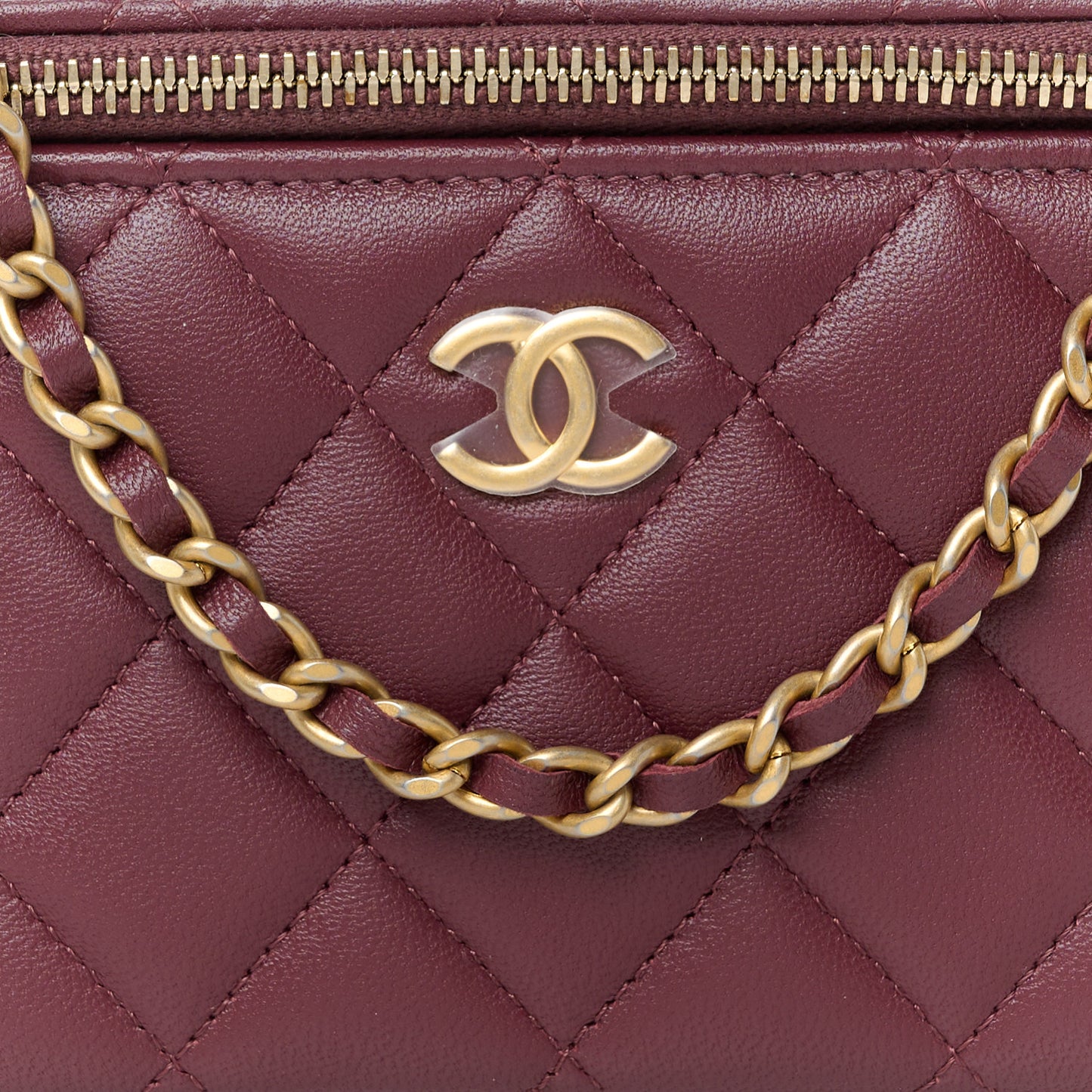 Lambskin Quilted Metal Small Top Handle Vanity Case With Chain Burgundy
