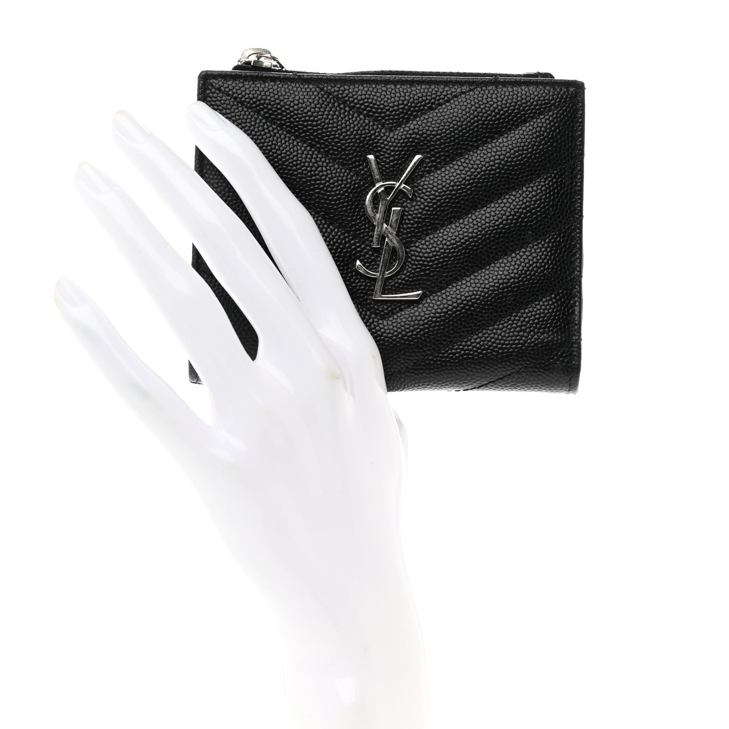 Saint Laurent Grain De Poudre Matelasse Chevron Monogram Zipped Card Case Black 2 of 8