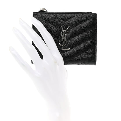 Saint Laurent Grain De Poudre Matelasse Chevron Monogram Zipped Card Case Black 2 of 8