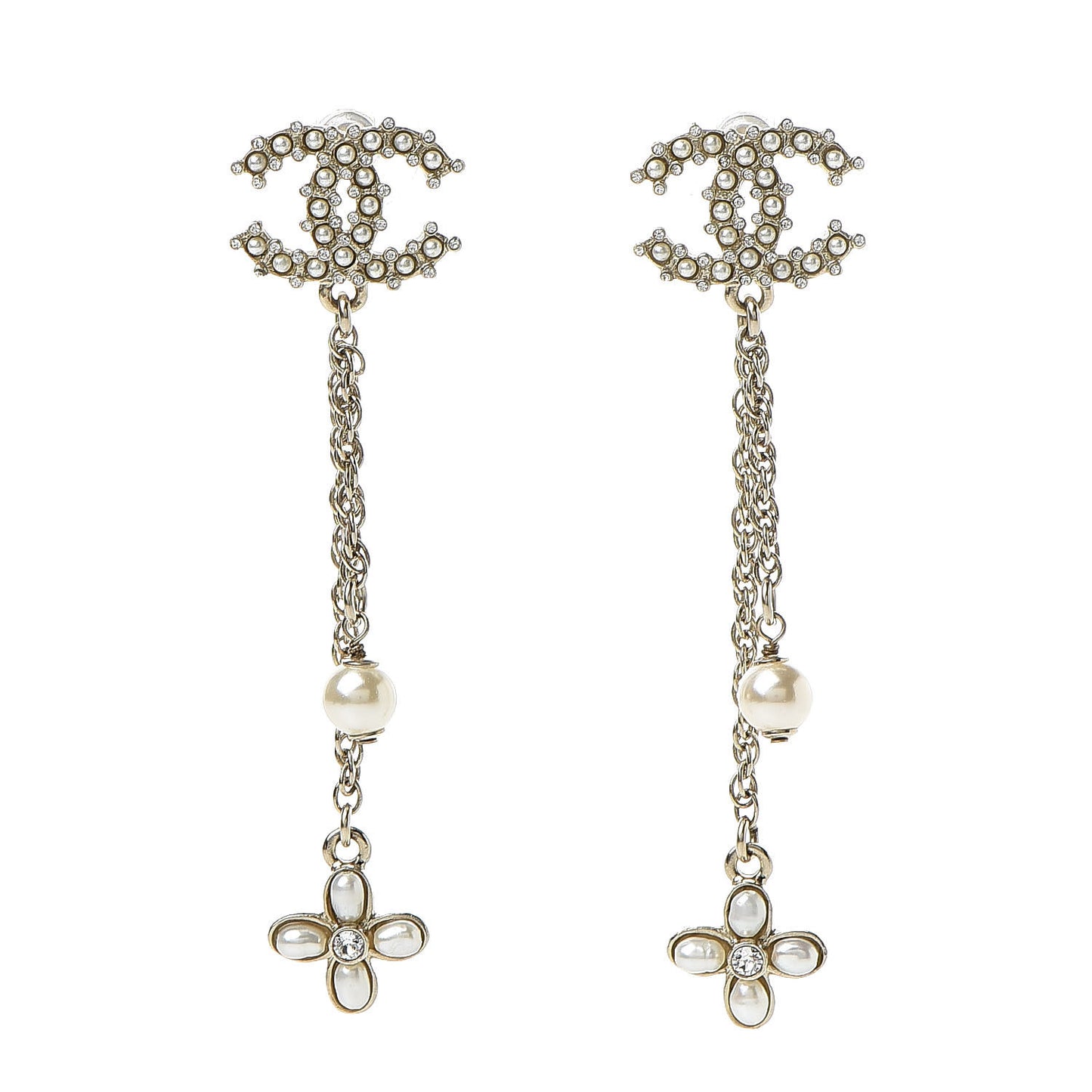 Pearl Chain Camellia CC Drop Earrings Pearly White Gold
