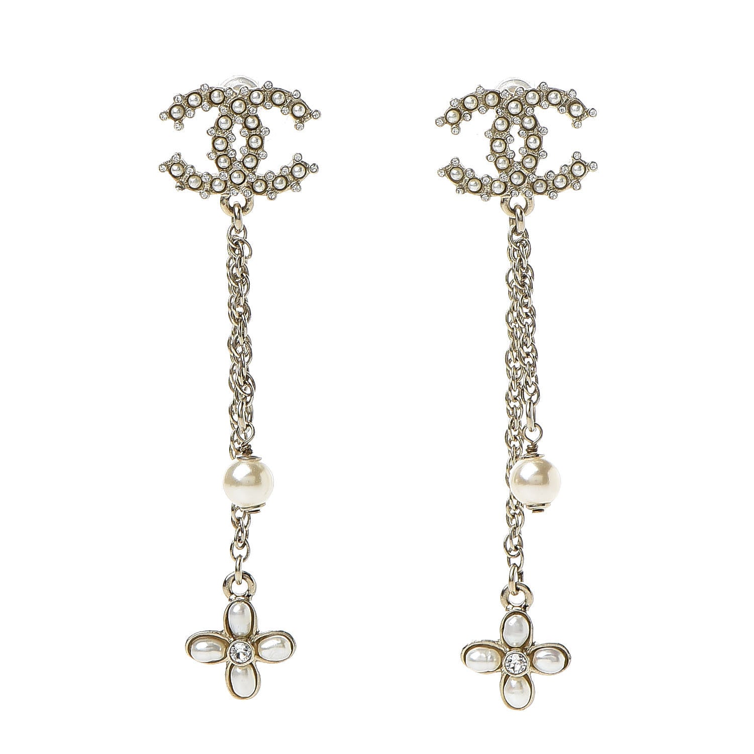 Chanel Pearl Chain Camellia CC Drop Earrings Pearly White Gold 1 of 5