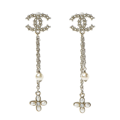 Chanel Pearl Chain Camellia CC Drop Earrings Pearly White Gold 1 of 5