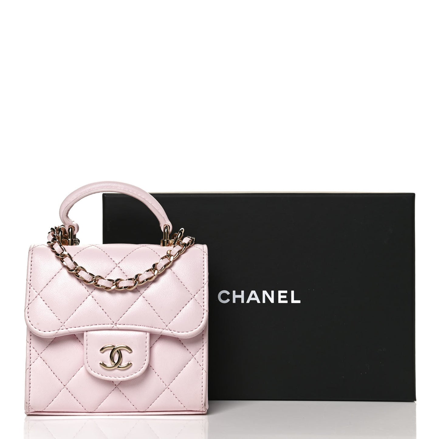 Lambskin Quilted Top Handle Clutch With Chain Light Pink