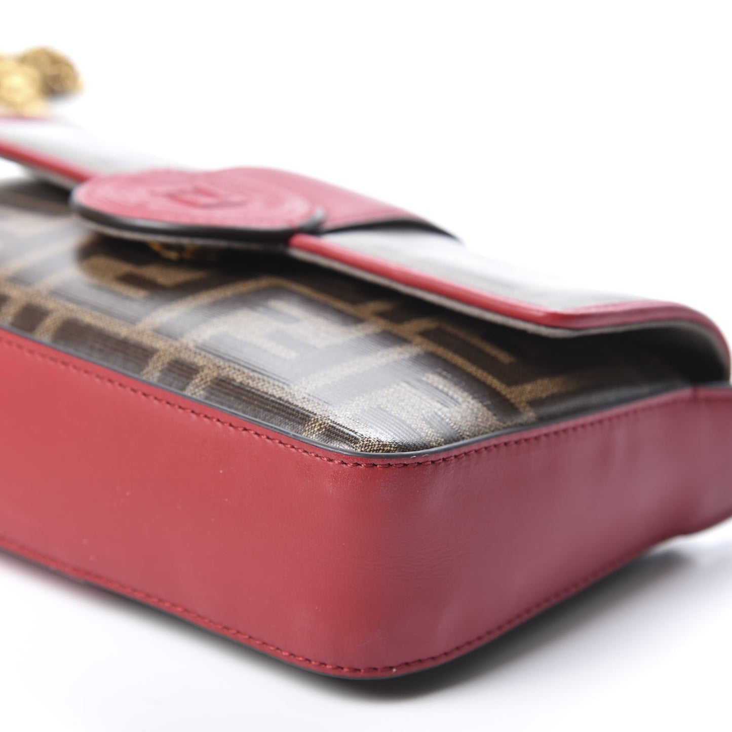 Glazed Fabric Vitello Century FF 1974 Stamp Patch Mini Double F Crossbody Bag Mogano Panna Fragola