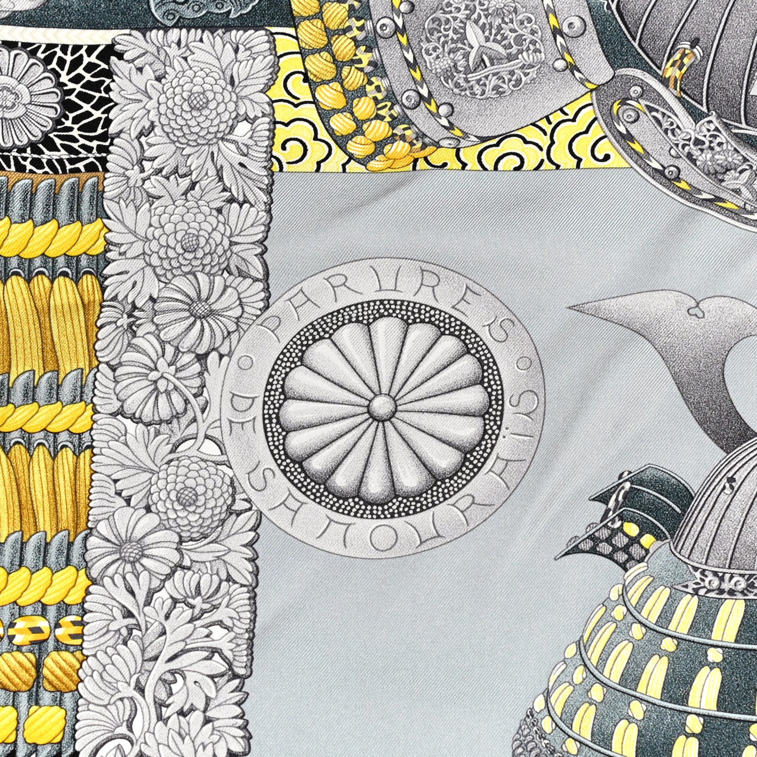 Hermes Silk Parures de Samourais Scarf 90 Gris Jaune Ardoise 2 of 4