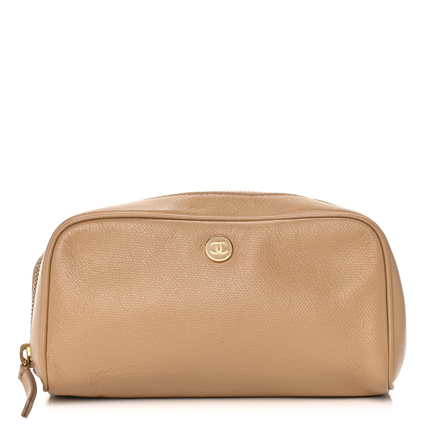 Grained Calfskin CC Button Pouch Cosmetic Case Beige