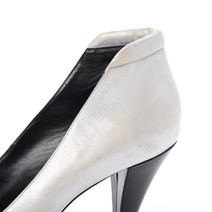 Chanel Metallic Lambskin Patent Cap Toe CC Pumps 39.5 Silver Black 17 of 19