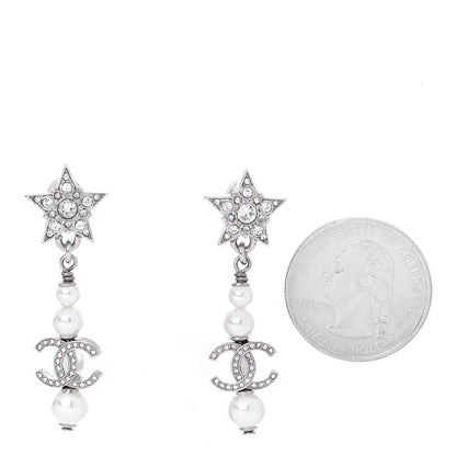 Chanel Crystal Pearl CC Star Drop Earrings Silver 2 of 5