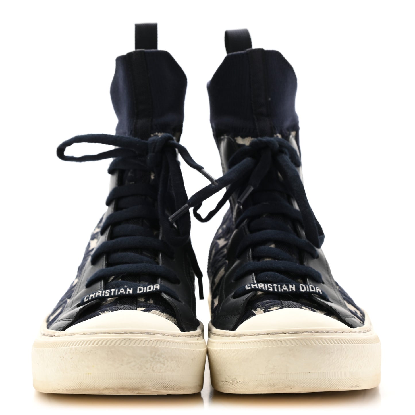 Technical Knit Calfskin Oblique Womens Walk'n Dior High Top Sneakers 37 Deep Blue
