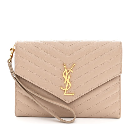 Saint Laurent Grain De Poudre Matelasse Chevron Monogram Envelope Clutch Dark Beige 1 of 7