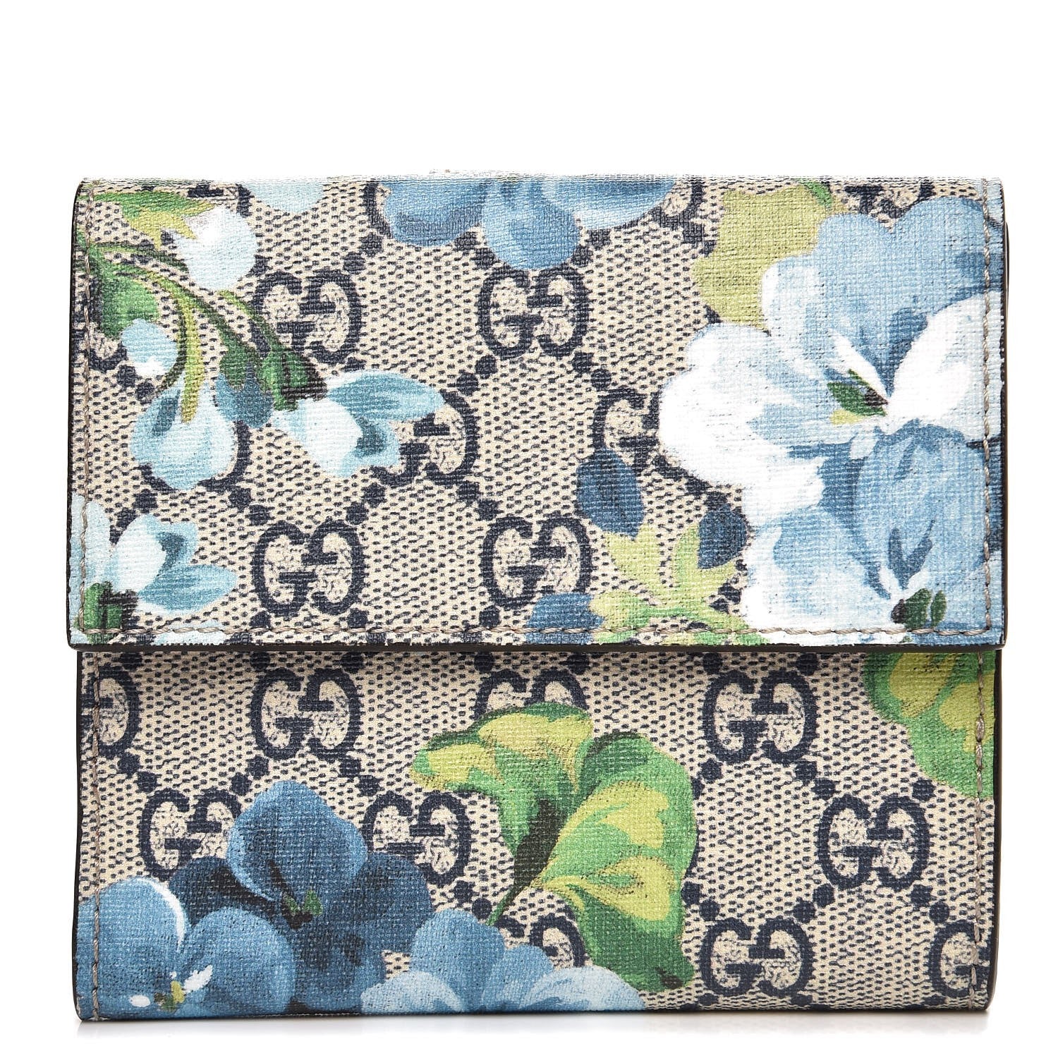 Gucci GG Supreme Monogram Blooms French Flap Wallet Beige Blue Navy Hibiscus Red 1 of 9
