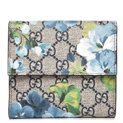 Gucci GG Supreme Monogram Blooms French Flap Wallet Beige Blue Navy Hibiscus Red 1 of 9