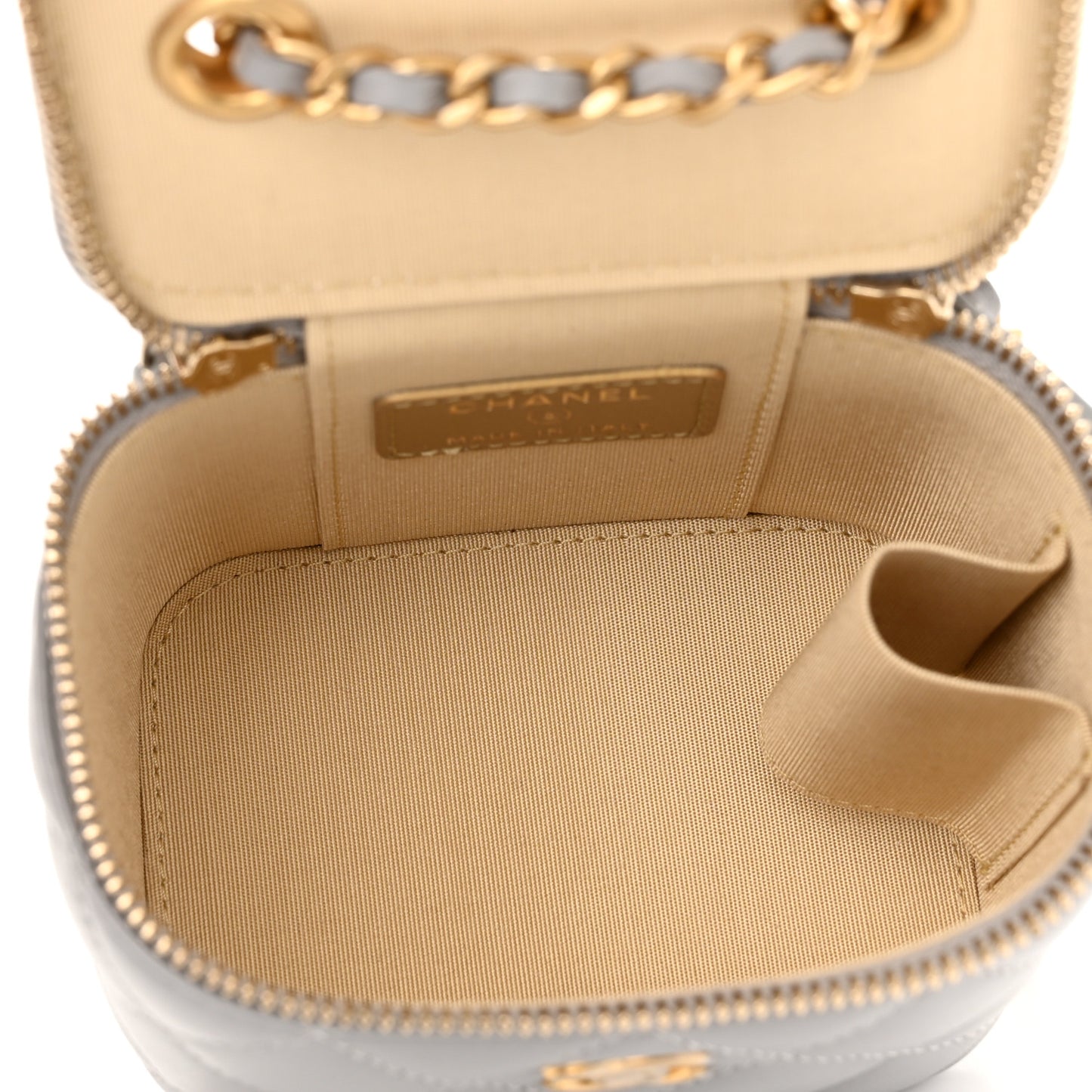 Lambskin Quilted Pearl Crush Mini Vanity Case With Chain Grey