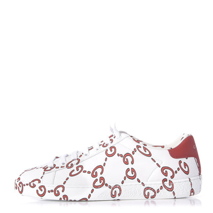 Gucci Calfskin GucciGhost Print Womens Ace Sneakers 38 White Hibiscus Red 1 of 11