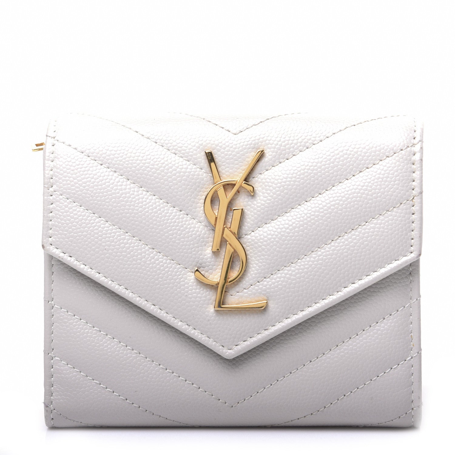 Saint Laurent Grain De Poudre Matelasse Chevron Monogram Compact Tri Fold Wallet Crema Soft 1 of 8