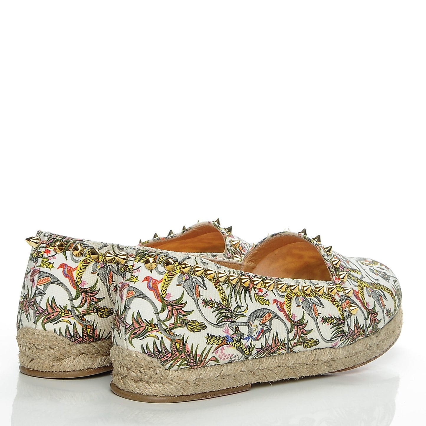 CHRISTIAN LOUBOUTIN Canvas Loubi Jungle Print Ares Spikes Flat Espadrilles 40 Ivory