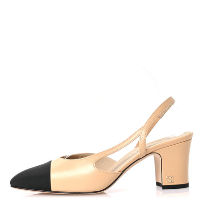 Chanel Goatskin Grosgrain Cap Toe CC Slingback Pumps 38.5 Beige Black 1 of 9