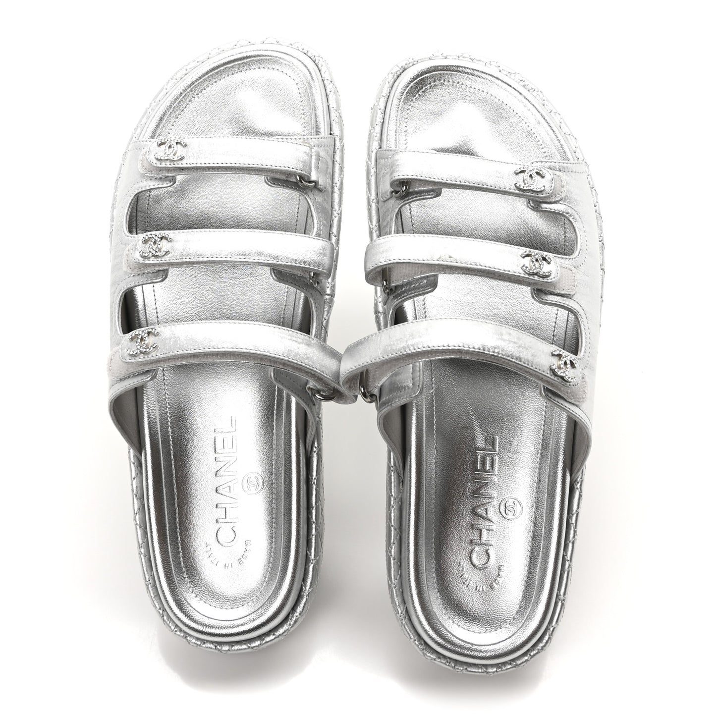 Laminated Lambskin Quilted Velcro Crystal CC Dad Slide Sandals 40 Silver