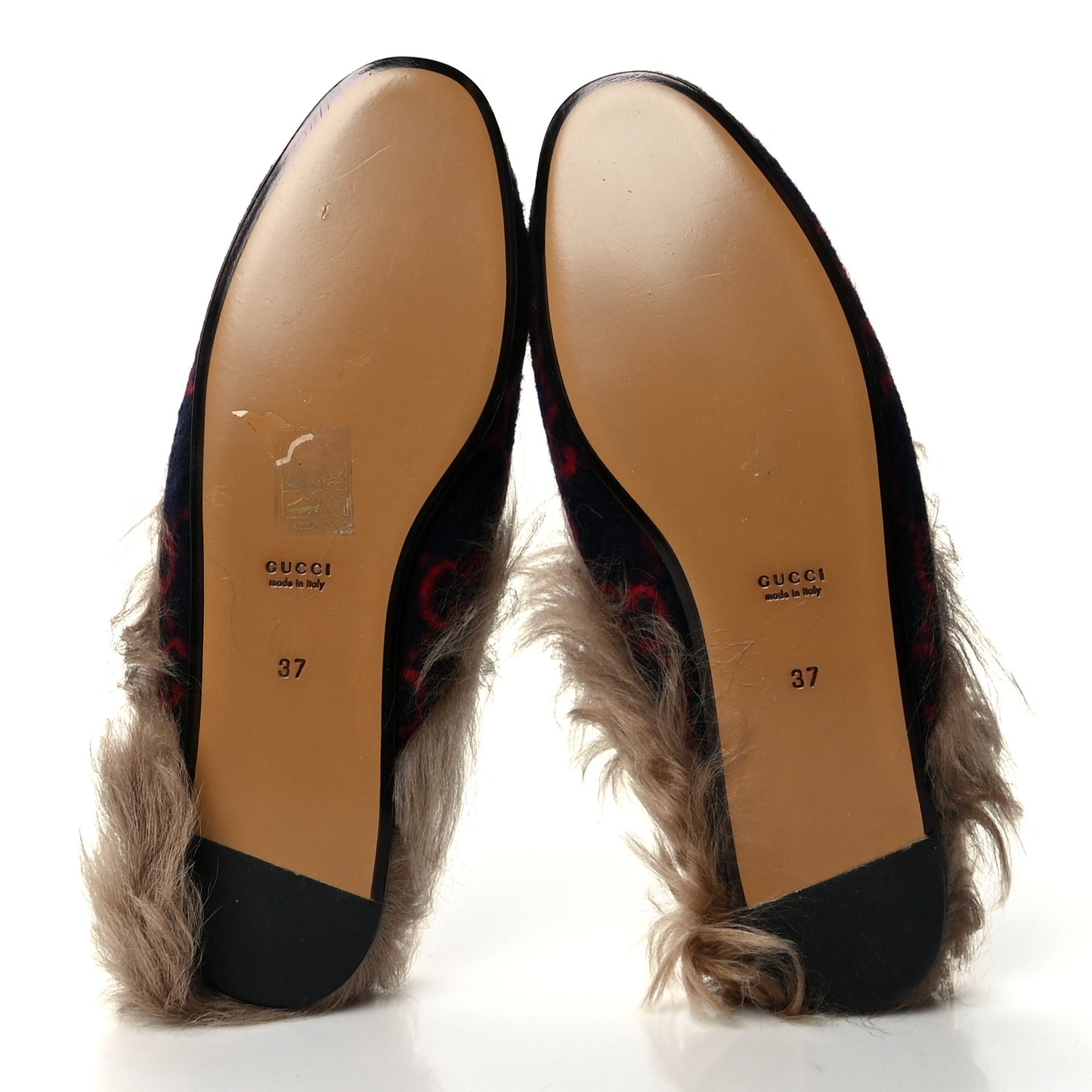 Covered Wool Big GG Monogram Fur Womens Princetown Slippers 37 Blue Red Butterscotch