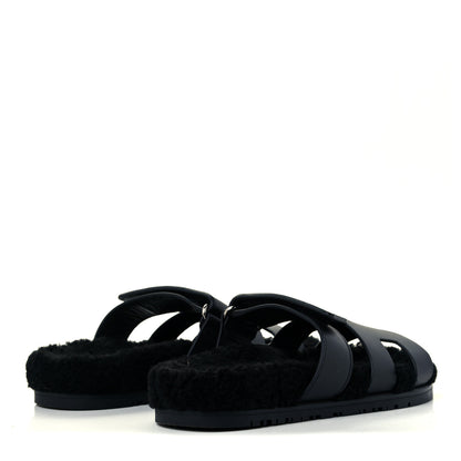 Hermes Calfskin Woolskin Womens Chypre Sandals 37 Black 4 of 12