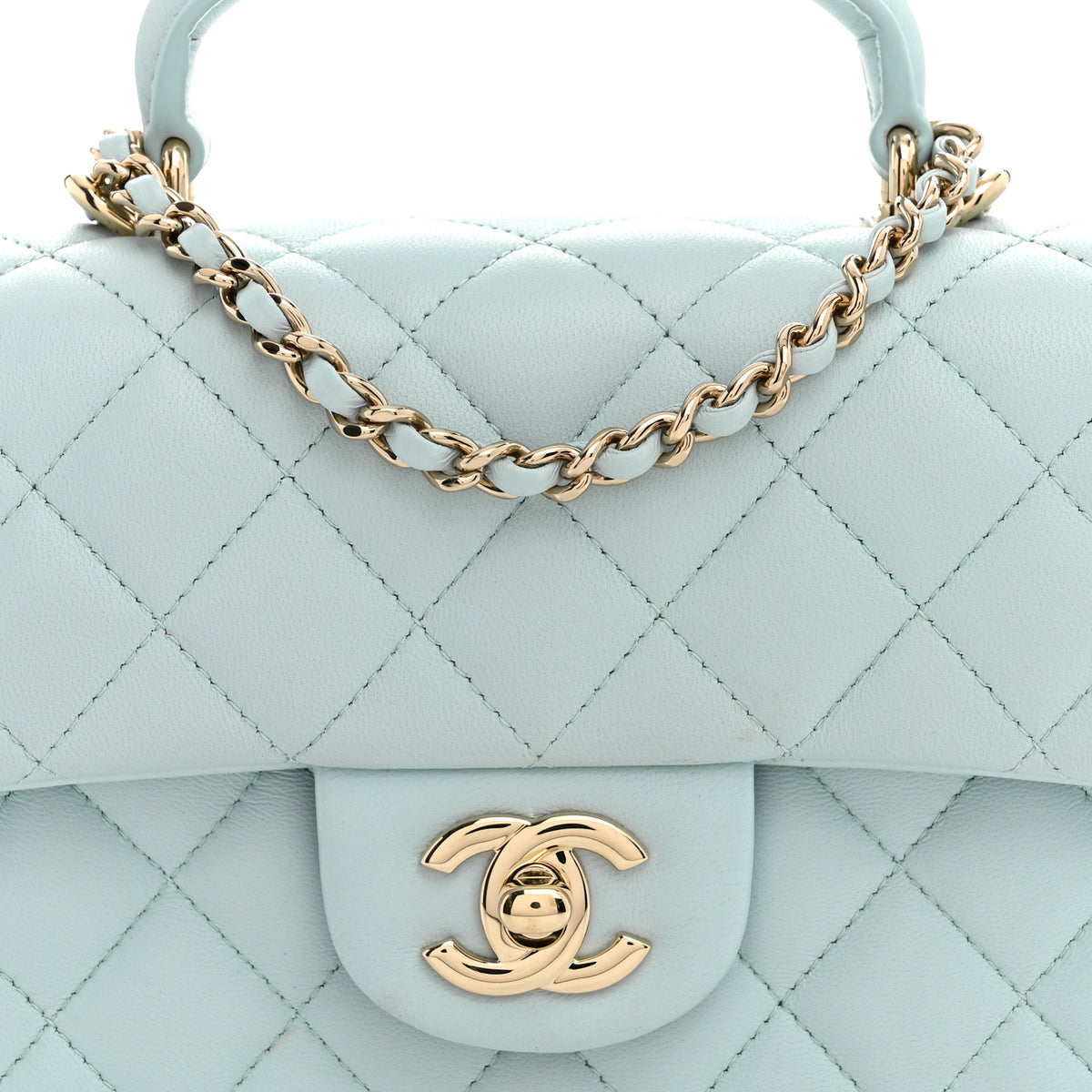 Lambskin Quilted Mini Top Handle Rectangular Flap Light Blue