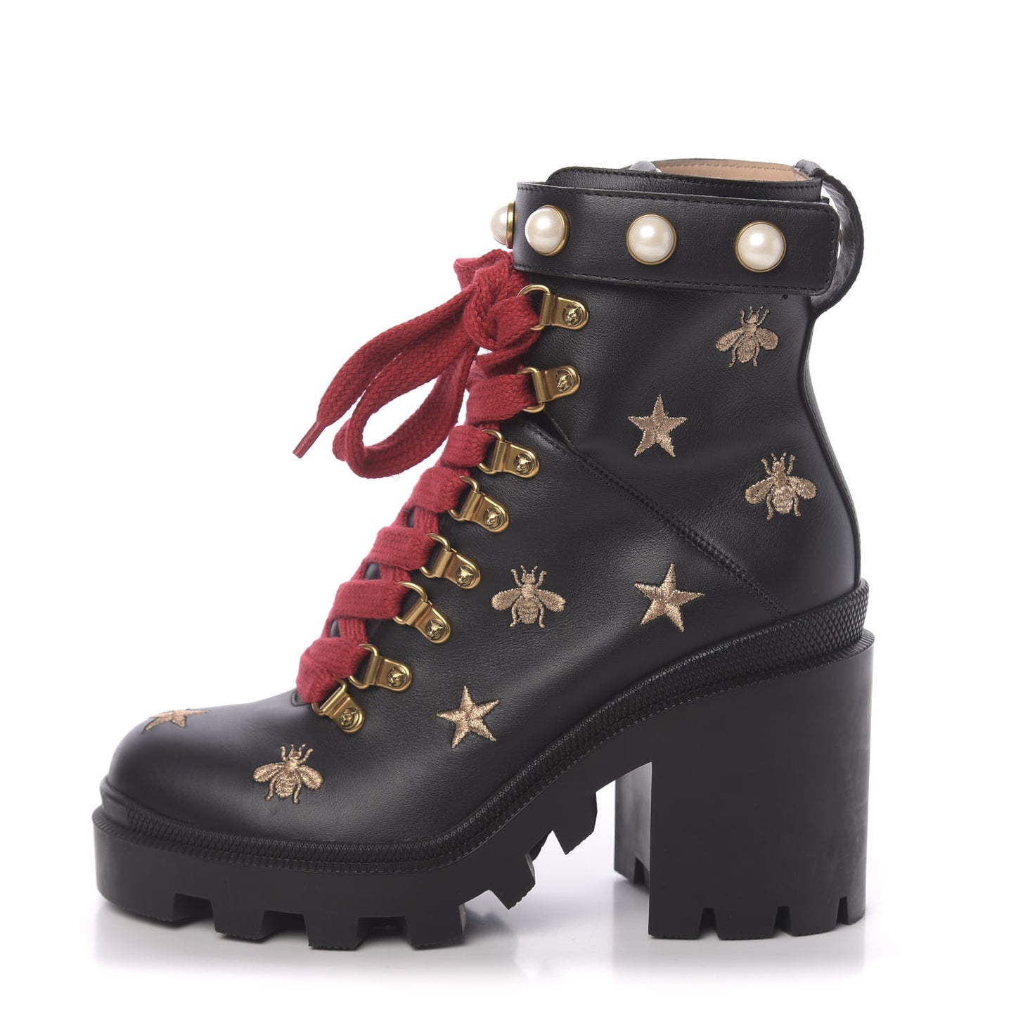 Calfskin Embroidered Lace Up Combat Ankle Boots 36 Black