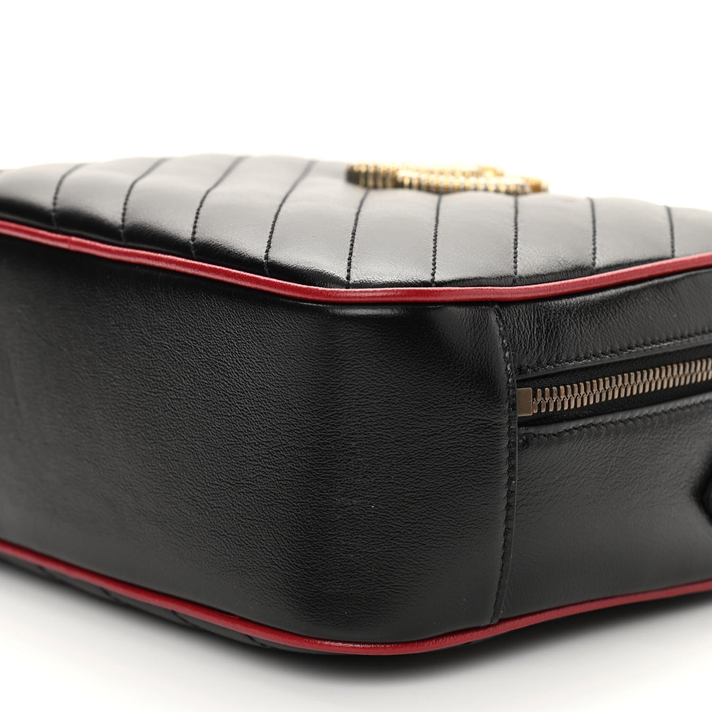Vintage Effect Calfskin Matelasse Diagonal Small Torchon GG Marmont Bamboo Top Handle Shoulder Bag Black Romantic Cherry
